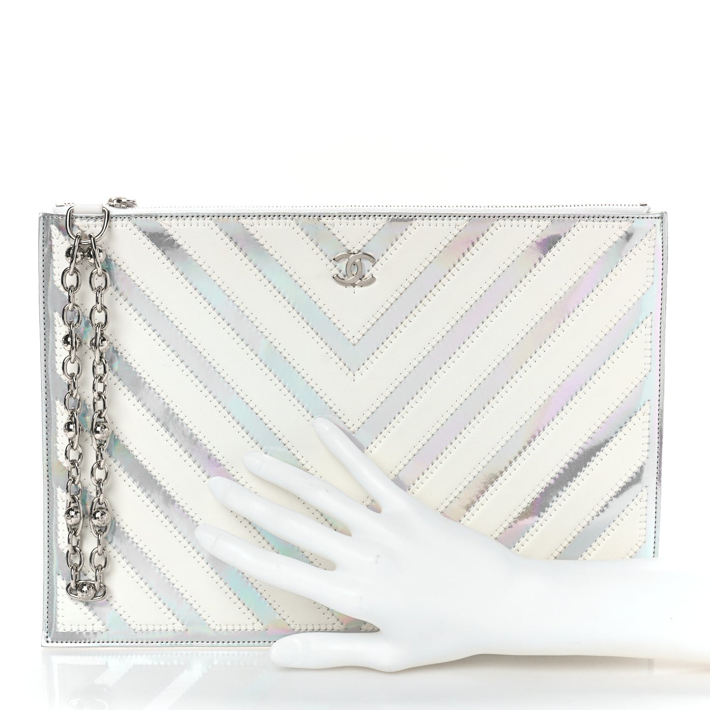 Lambskin Metallic Chevron Zip Pouch White Silver