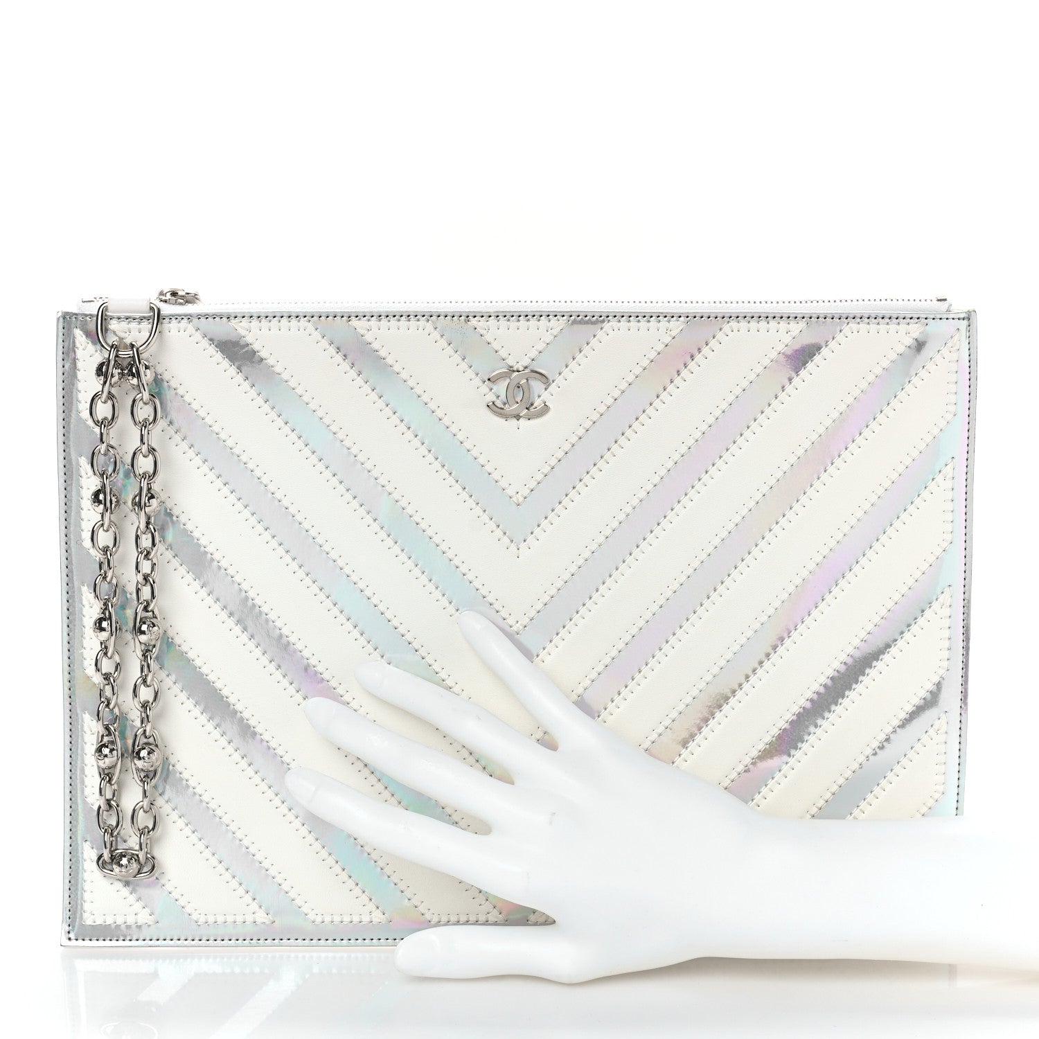 Chanel Lambskin Metallic Chevron Zip Pouch White Silver 2 of 9