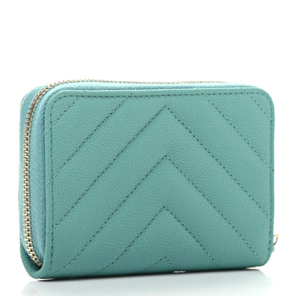 Chanel Caviar Flat Chevron Quilted Zip Around Coin Purse Green 3 of 8