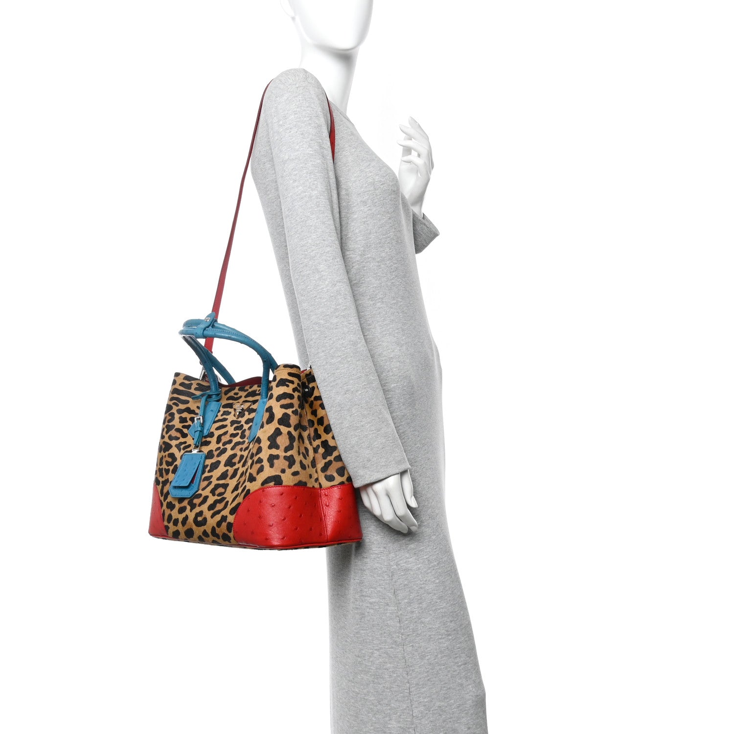 Prada Calf Hair Ostrich Leopard Print Medium Double Bag Miele