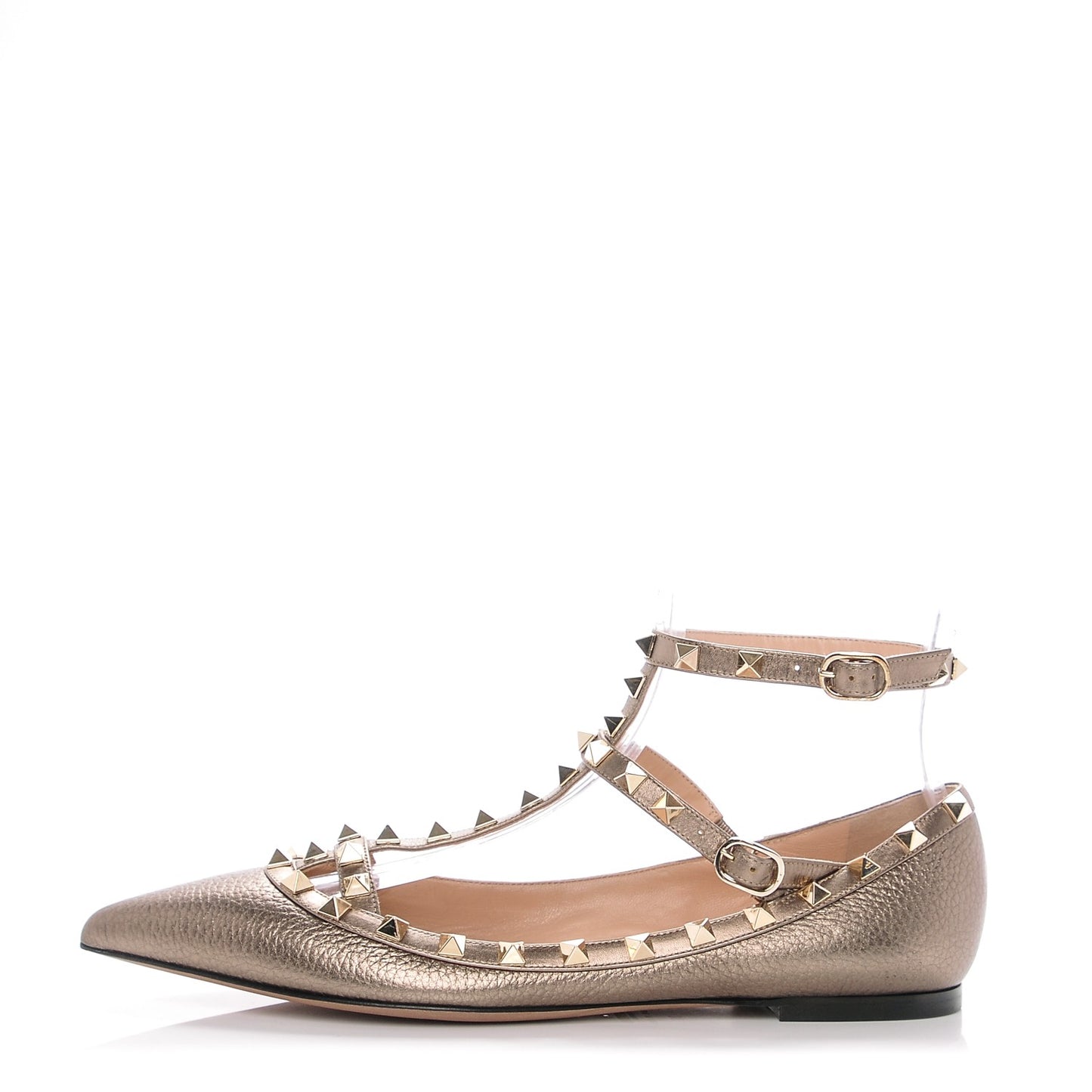Metallic Pebbled Calfskin Rockstud Cage Ballerina Flats 39 Sasso