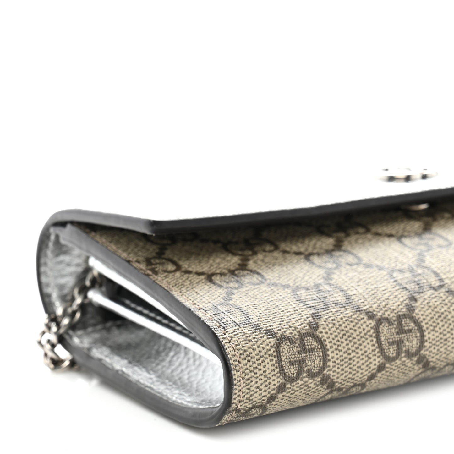 Metallic Calfskin GG Supreme Monogram Petite GG Marmont Wallet Chain Bag Silver Beige Ebony