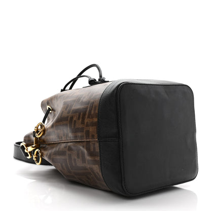 Fendi Glazed Fabric Vitello Grace F is Fendi FF 1974 Stamp Patch Grande Mon Tresor Bucket Bag Mogano Panna Black 3 of 9