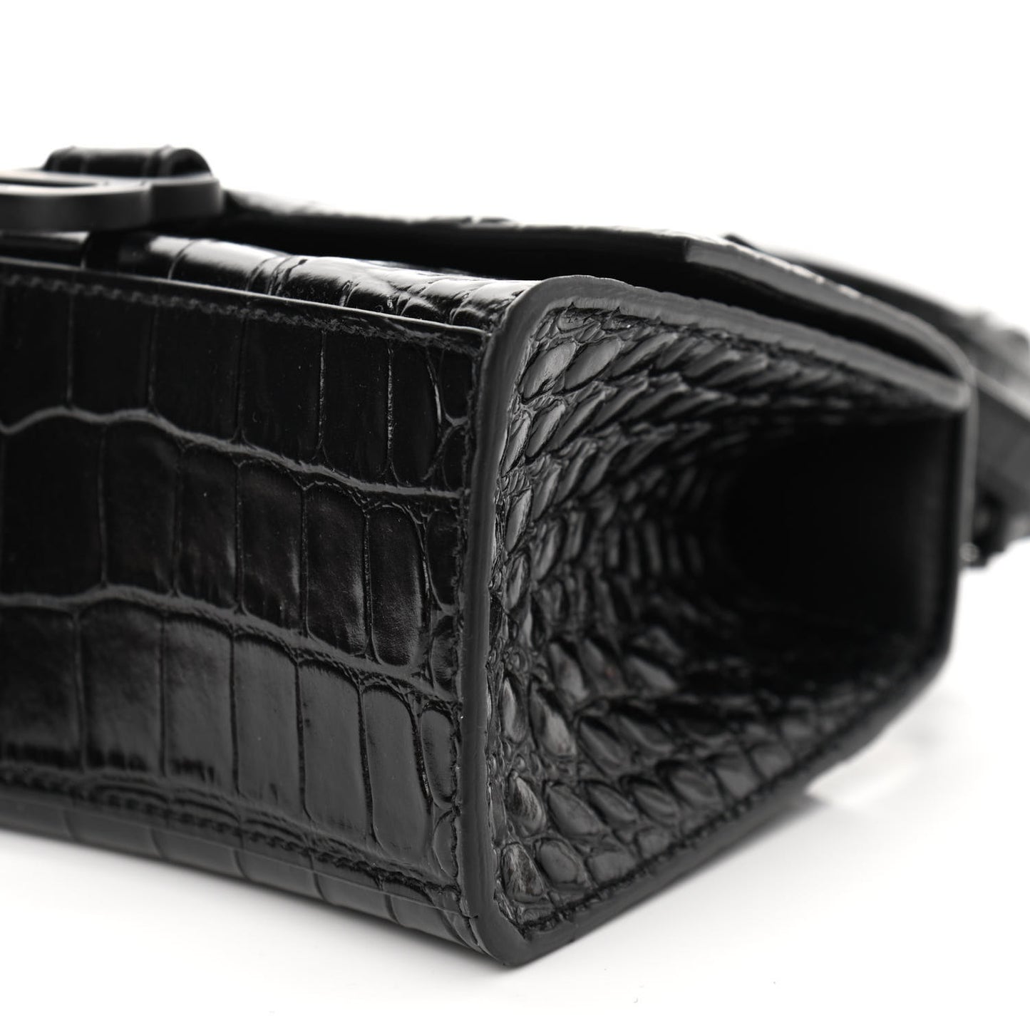 Shiny Calfskin Monochrome Crocodile Embossed Hourglass Top Handle Bag XS Black