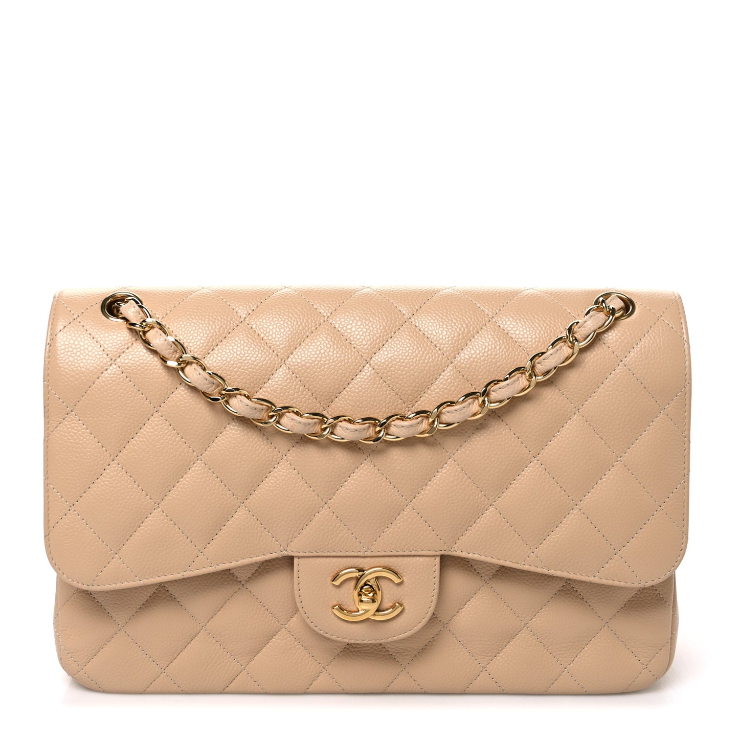 Caviar Quilted Jumbo Double Flap Beige