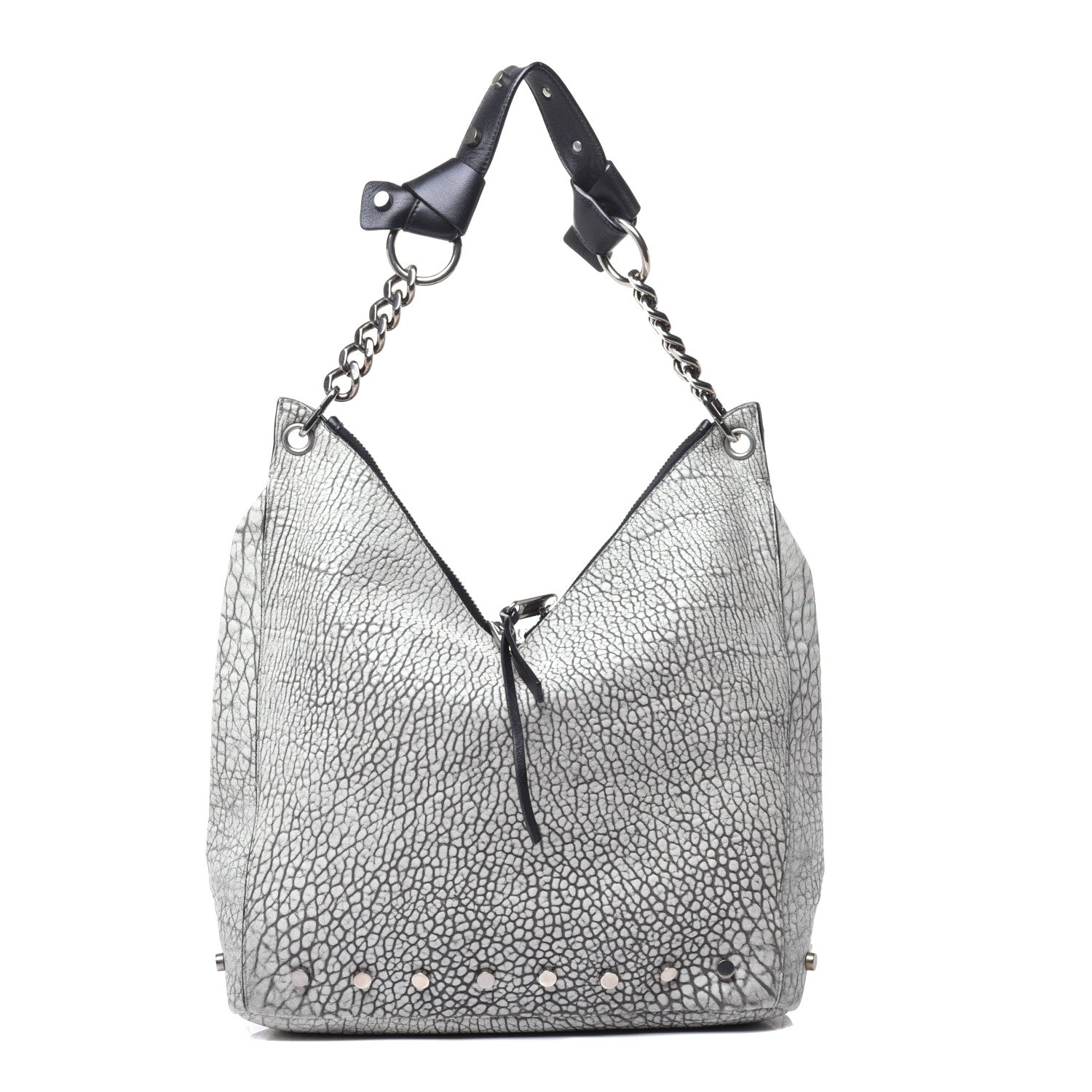 Jimmy Choo Washed Grainy Lambskin Studded Raven Hobo White Black 1 of 8