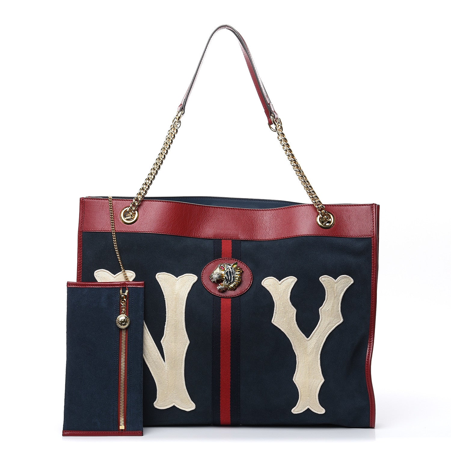 Gucci X MLB Suede Calfskin NY Yankees Large Rajah Chain Tote New Blue Romantic Cherry 3 of 12
