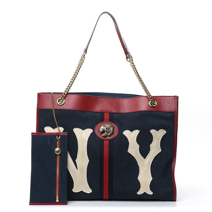 Gucci X MLB Suede Calfskin NY Yankees Large Rajah Chain Tote New Blue Romantic Cherry 3 of 12