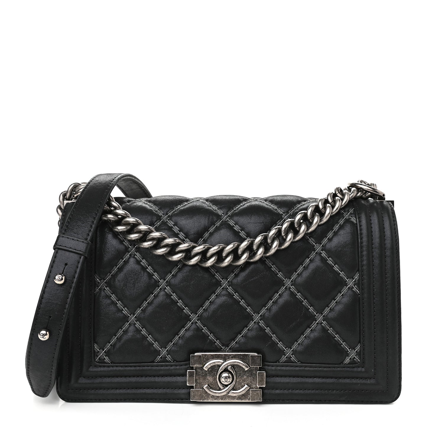 Iridescent Calfskin Embellished Double Stitch Medium Boy Flap Black