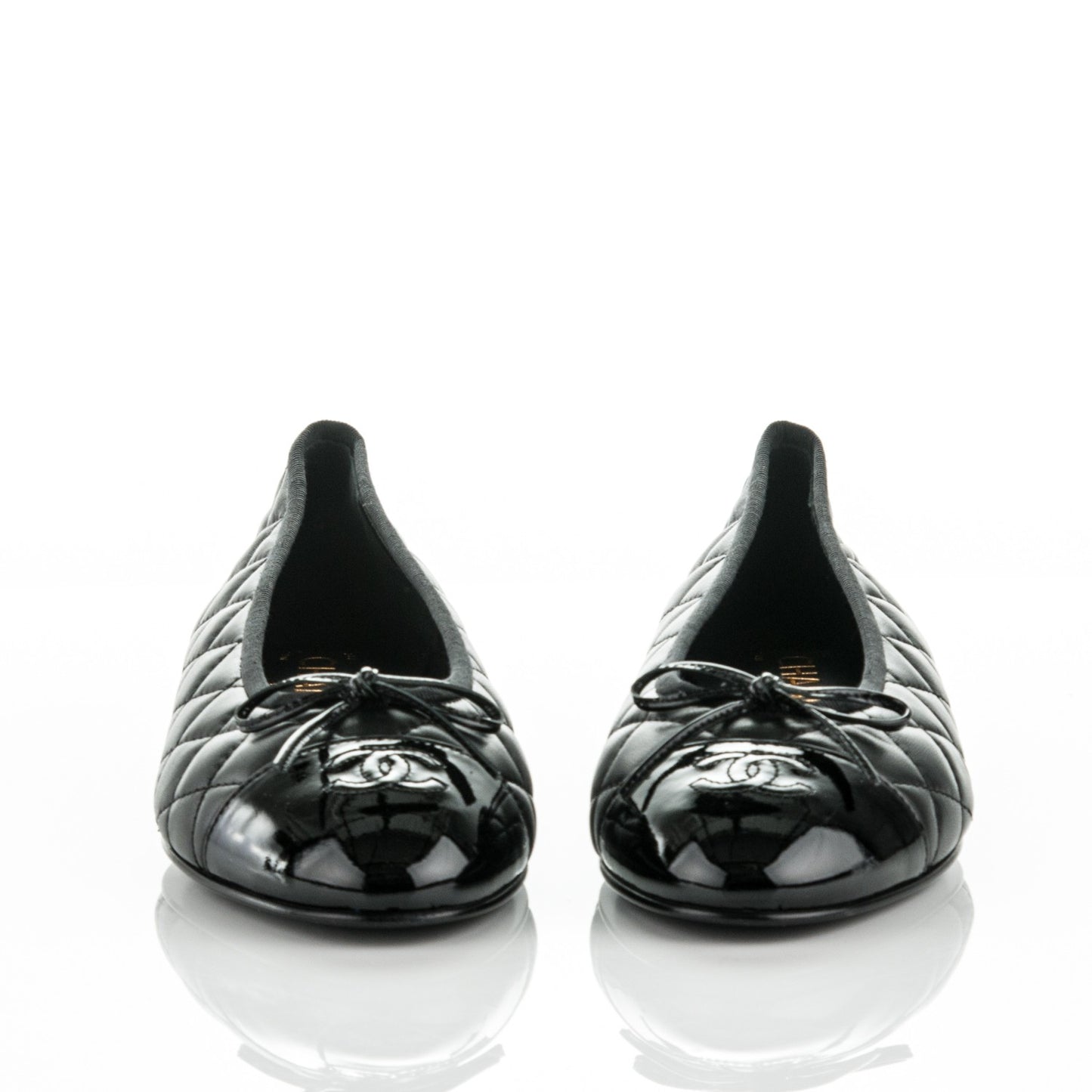 Lambskin Patent Quilted Cap Toe Ballerina Flats 39 Black