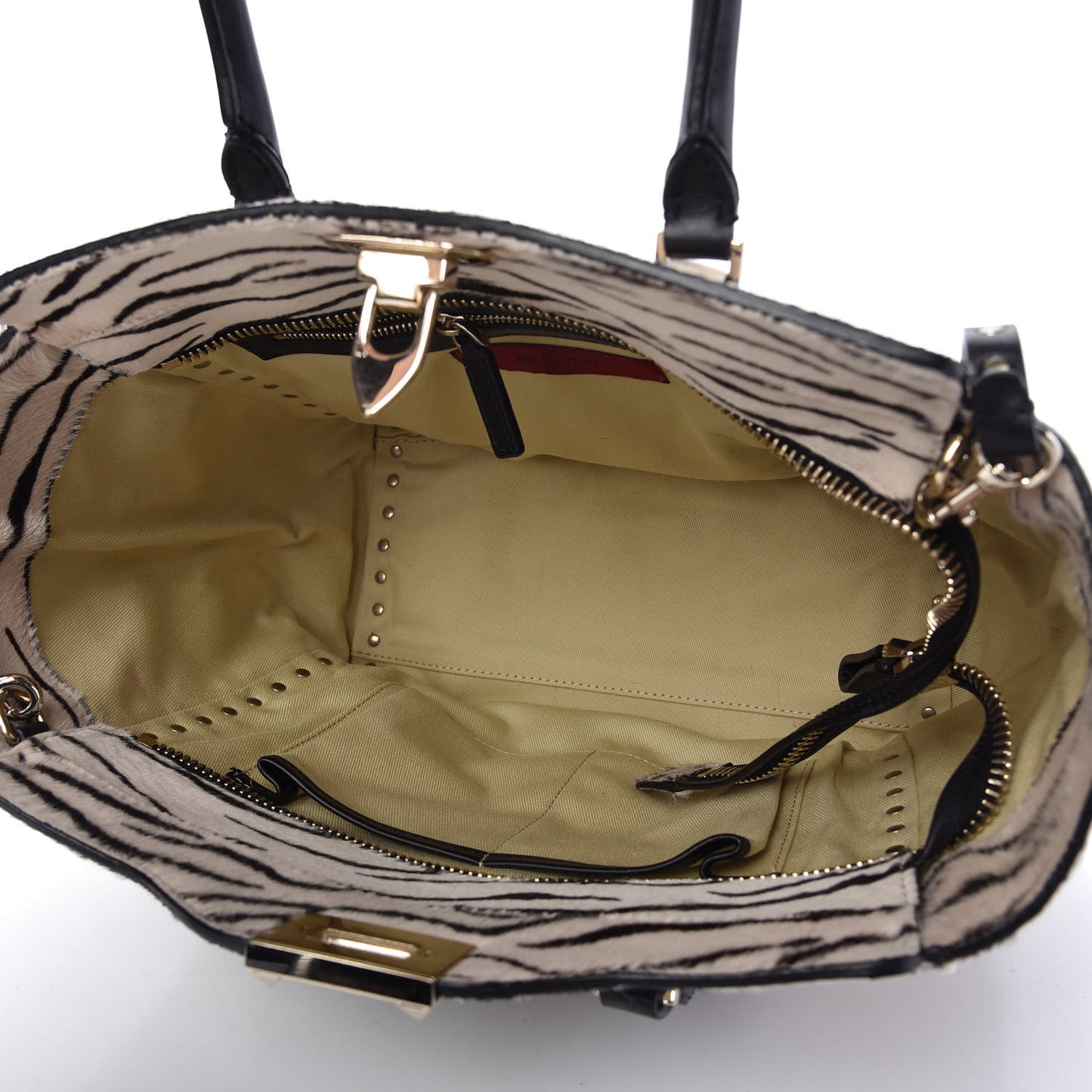 Pony Hair Zebra Rockstud Double Handle Tote Black Ivory