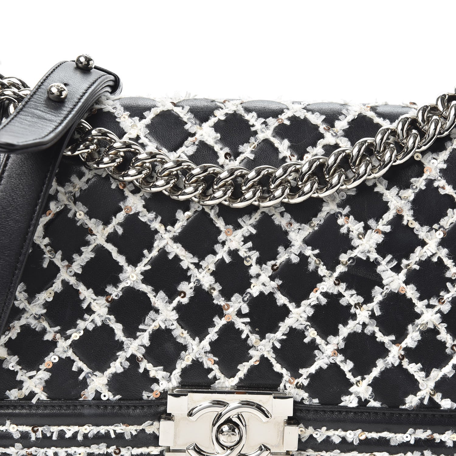 Chanel Calfskin Tweed Sequin Stitched Medium Boy Flap Black White 10 of 10