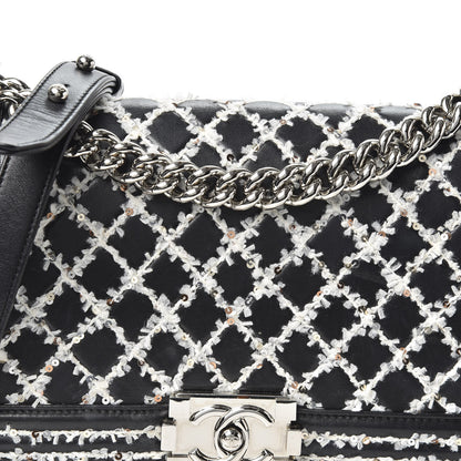 Chanel Calfskin Tweed Sequin Stitched Medium Boy Flap Black White 10 of 10