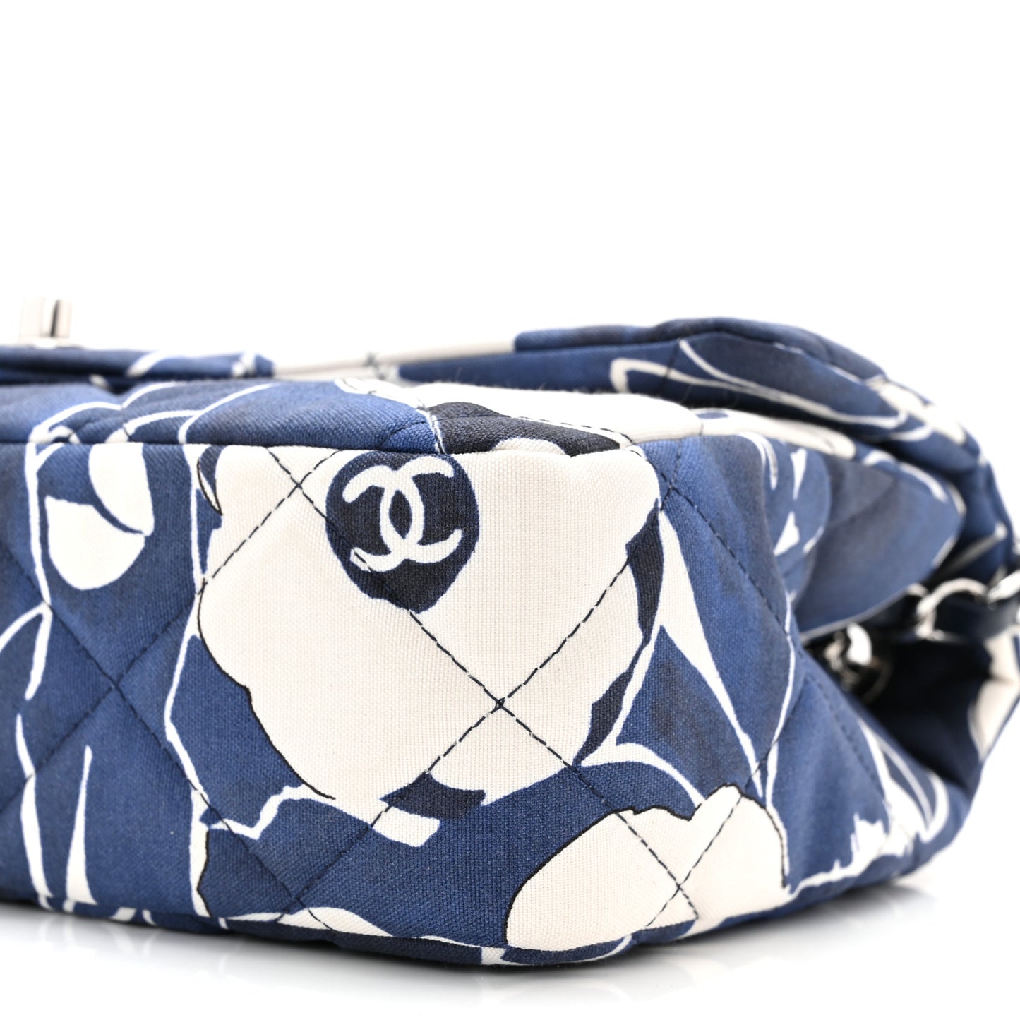 Floral Printed Silk CC Medium Single Flap Navy Blue White