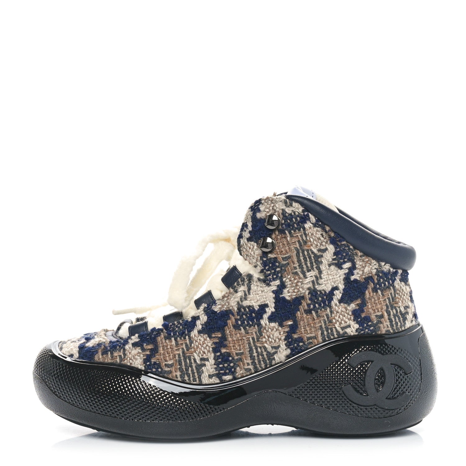 Chanel Wool Tweed Lambskin CC High Top Sneakers 38.5 Beige Brown Navy Blue Khaki 1 of 9