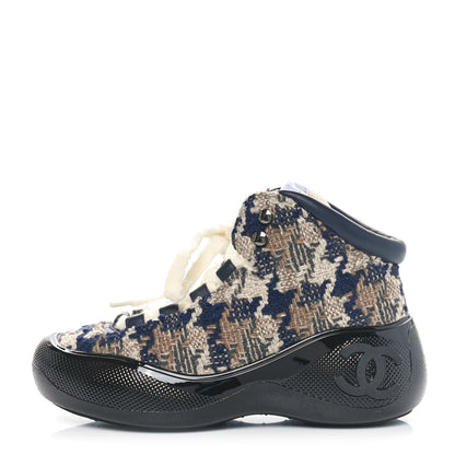 Chanel Wool Tweed Lambskin CC High Top Sneakers 38.5 Beige Brown Navy Blue Khaki 1 of 9
