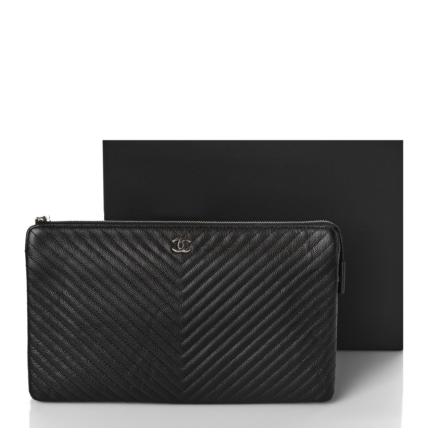 Chanel Caviar Chevron Quilted Small Zipped Pouch Black 14 of 14