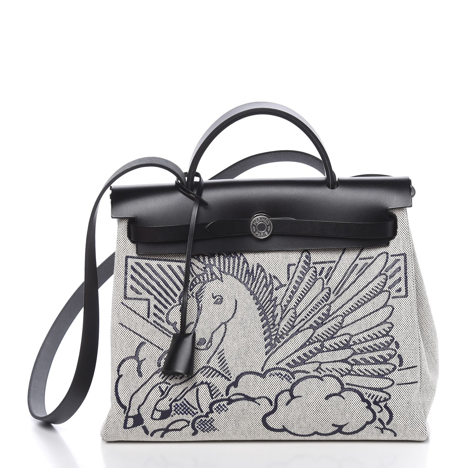 Hermes Vache Hunter Toile H Pegase Pop Herbag Zip Retourne 31 PM Bleu Indigo Ecru Black 3 of 11