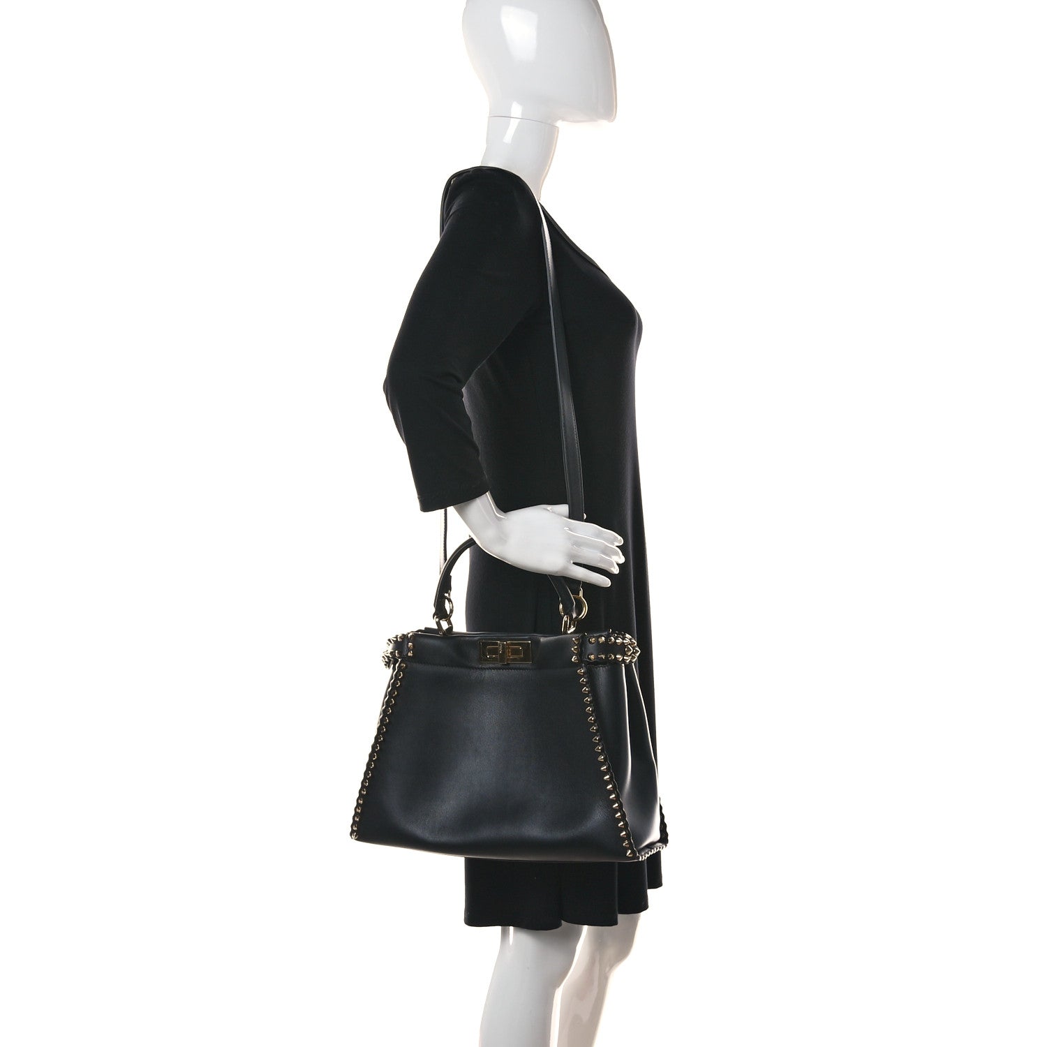 Fendi Vitello Seta Shiny Nappa Scalloped Studded Medium Peekaboo Iconic Satchel Black 2 of 15