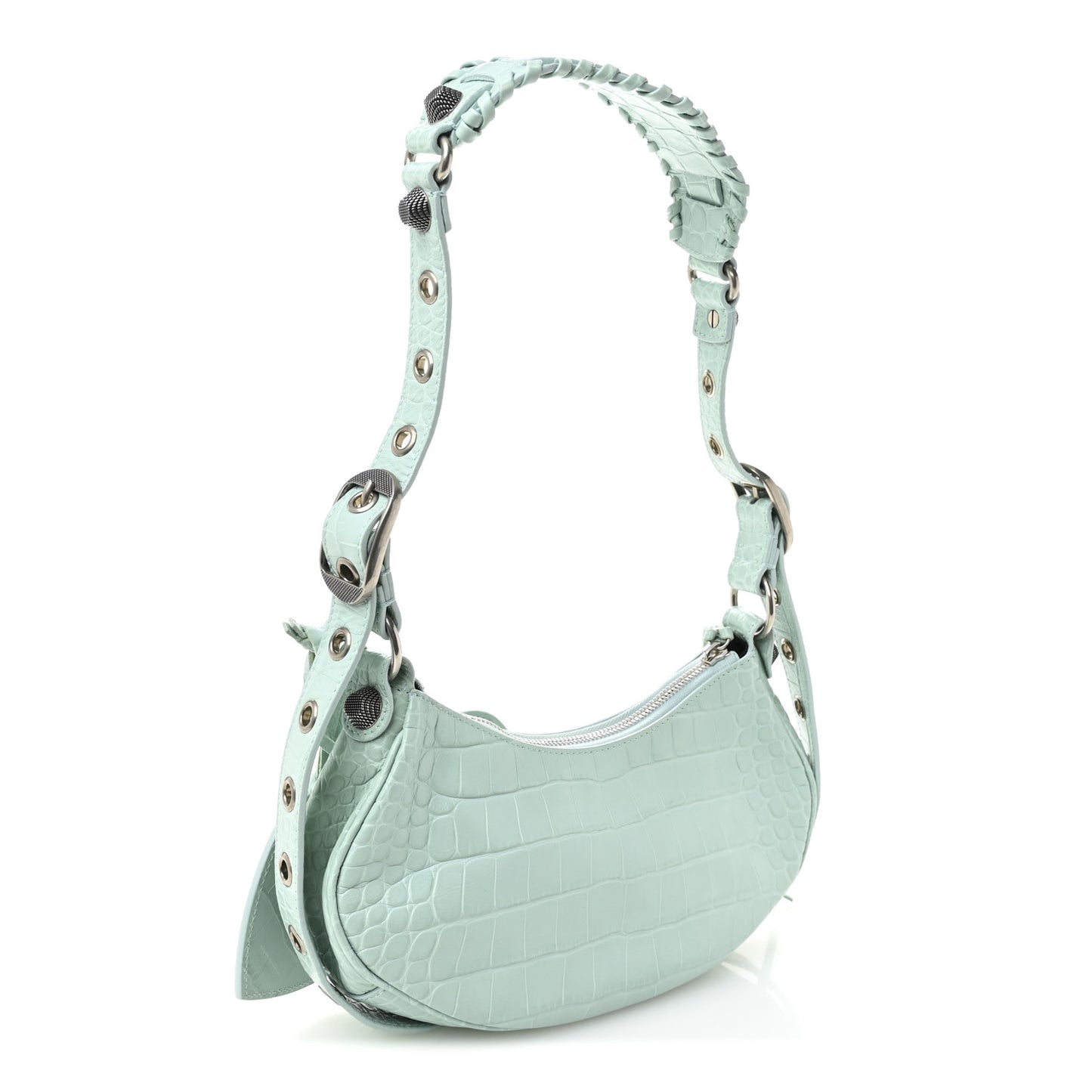 Extra Supple Calfskin Crocodile Embossed Le Cagole Shoulder Bag XS Green Acqua