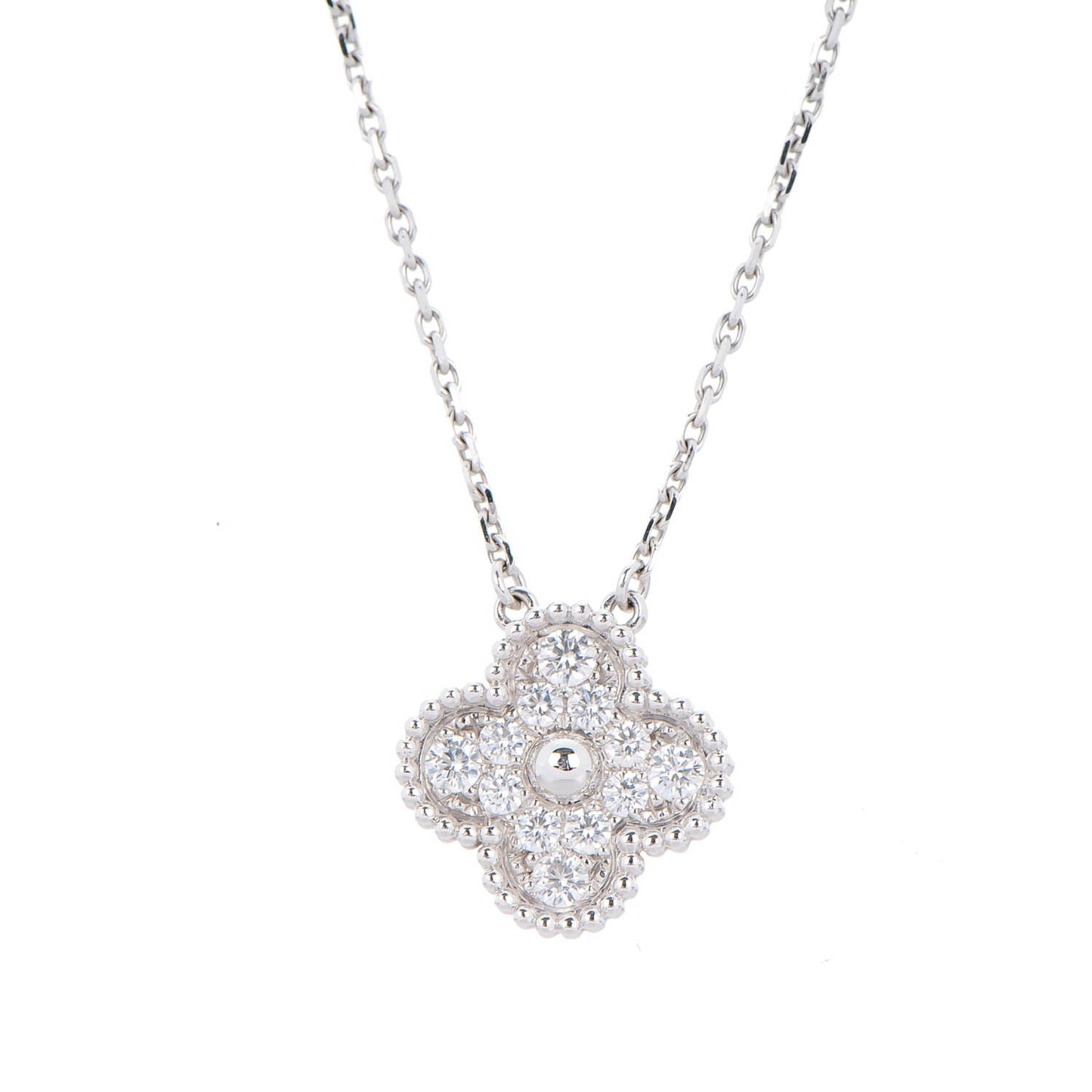 18K White Gold Diamond Vintage Alhambra Pendant Necklace