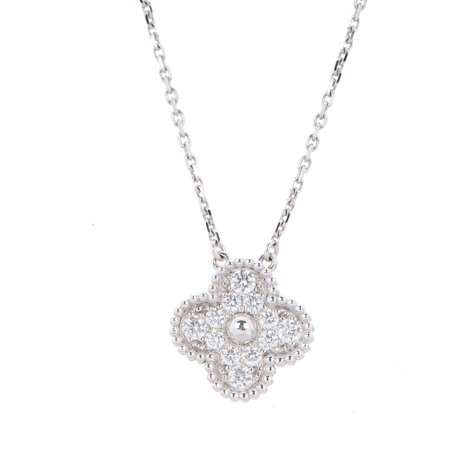 Van Cleef & Arpels 18K White Gold Diamond Vintage Alhambra Pendant Necklace 3 of 6