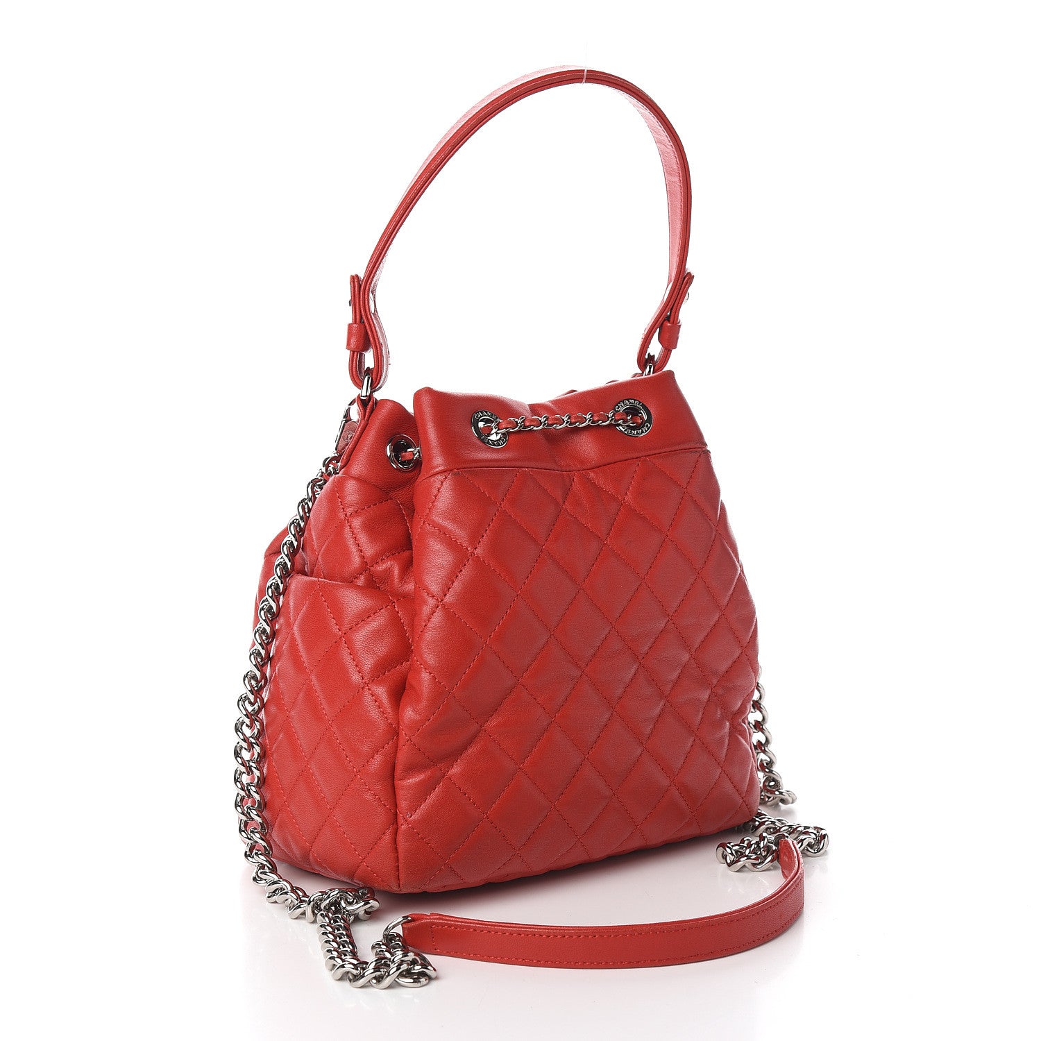 Chanel Lambskin Quilted Small CC Chain Drawstring Bucket Bag Red 2 of 10