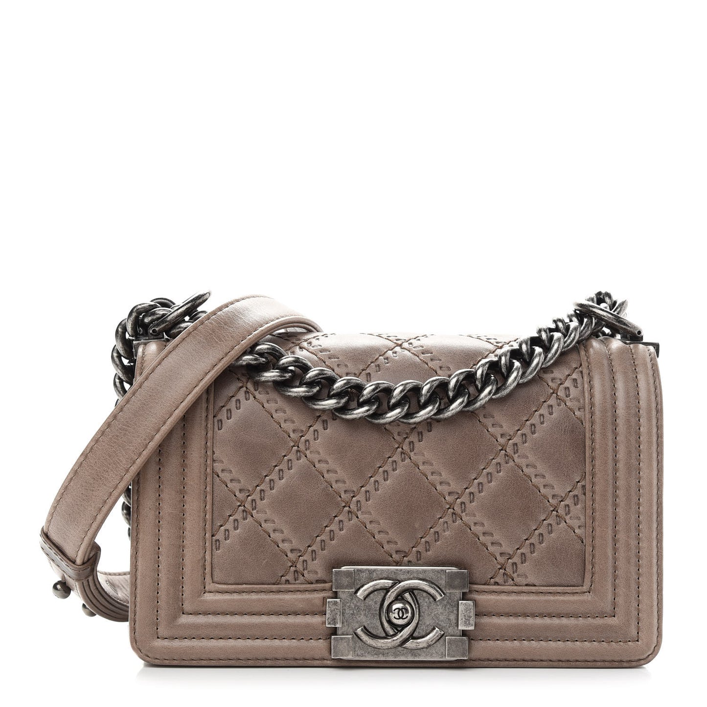 Calfskin Double Stitch Small Boy Flap Taupe