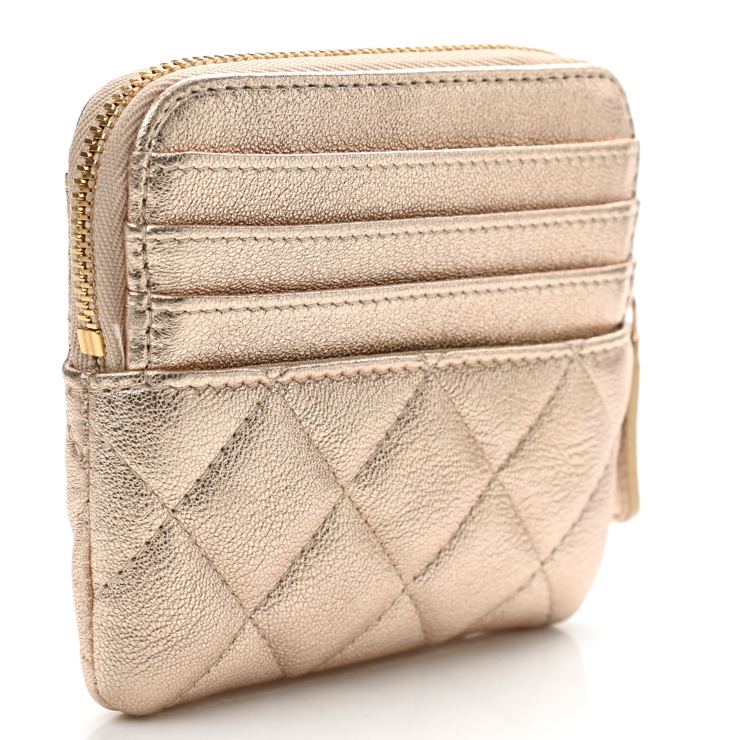 Metallic Lambskin Quilted Zip Card Holder Wallet Gold
