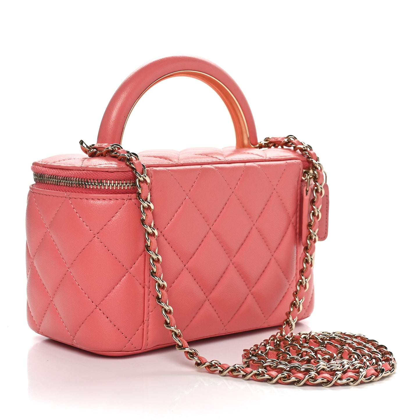 Lambskin Quilted Small Charming Top Handle Vanity Case With Chain Pink