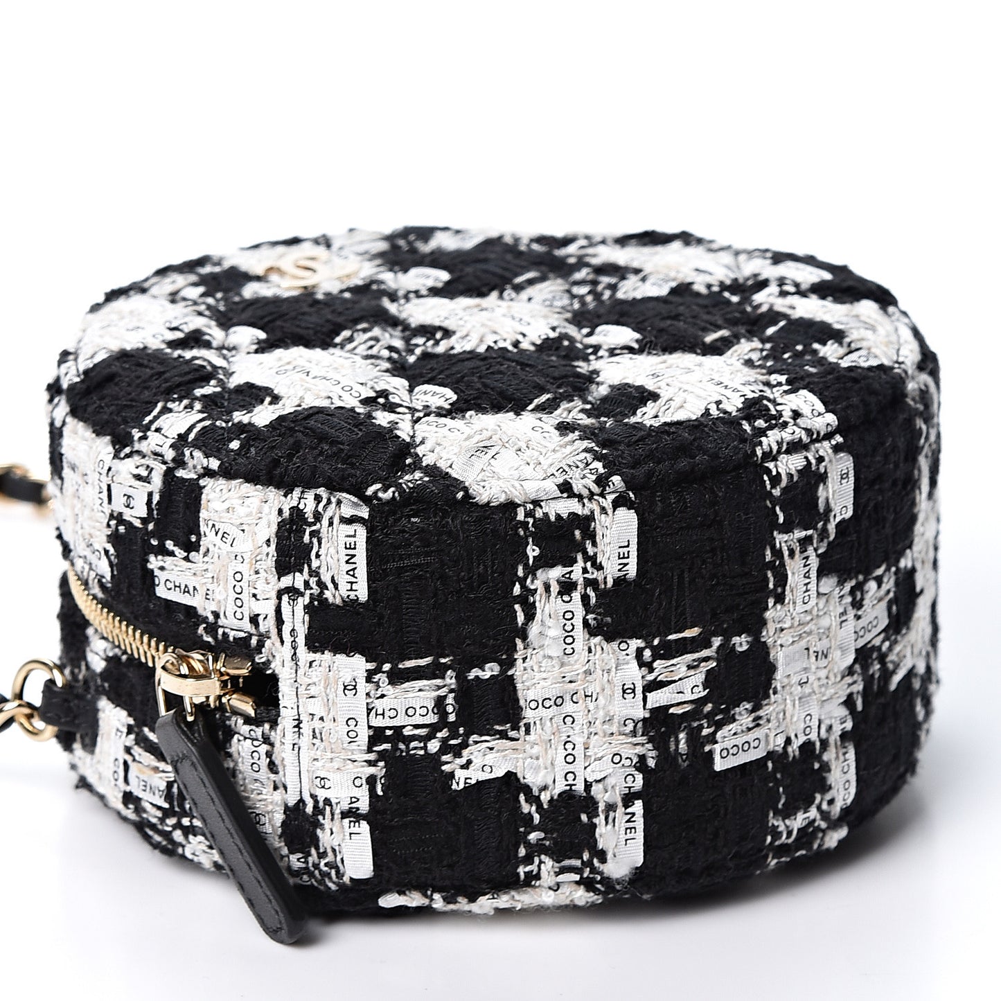 Tweed Quilted Round Clutch With Chain Black Ecru White