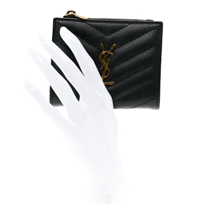 Saint Laurent Grain De Poudre Matelasse Chevron Monogram Zipped Card Case Green 2 of 7