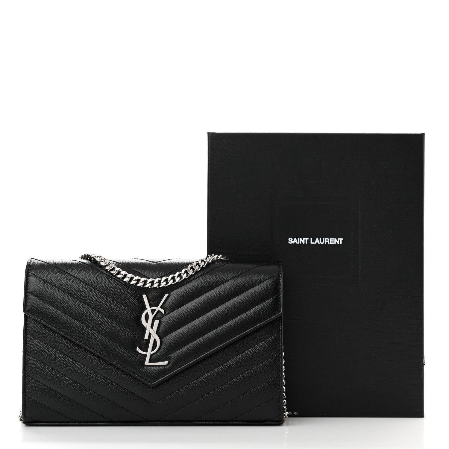 Saint Laurent Grain De Poudre Matelasse Chevron Monogram Chain Wallet Black 10 of 10
