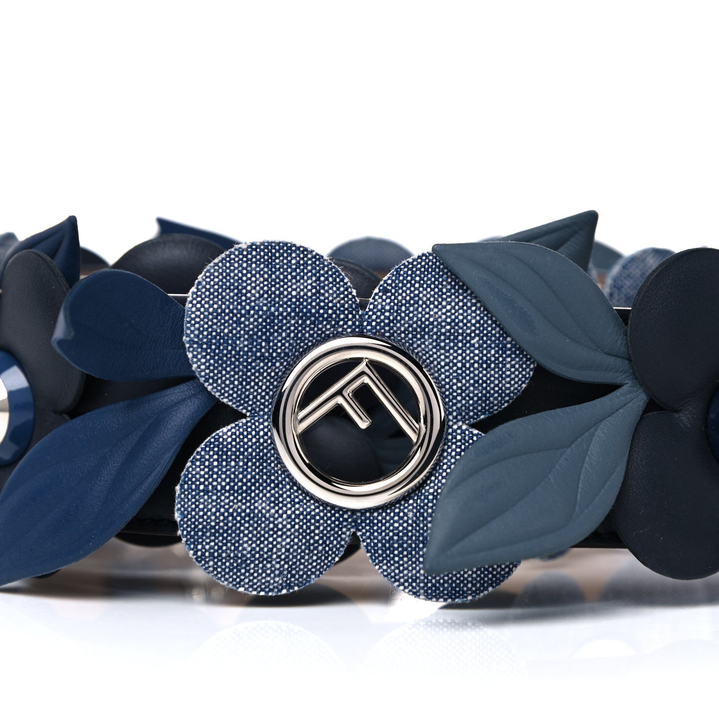 Vitello Century Denim F is Fendi Bi-Color Floral Studded Strap You Blue Notte Cuoio
