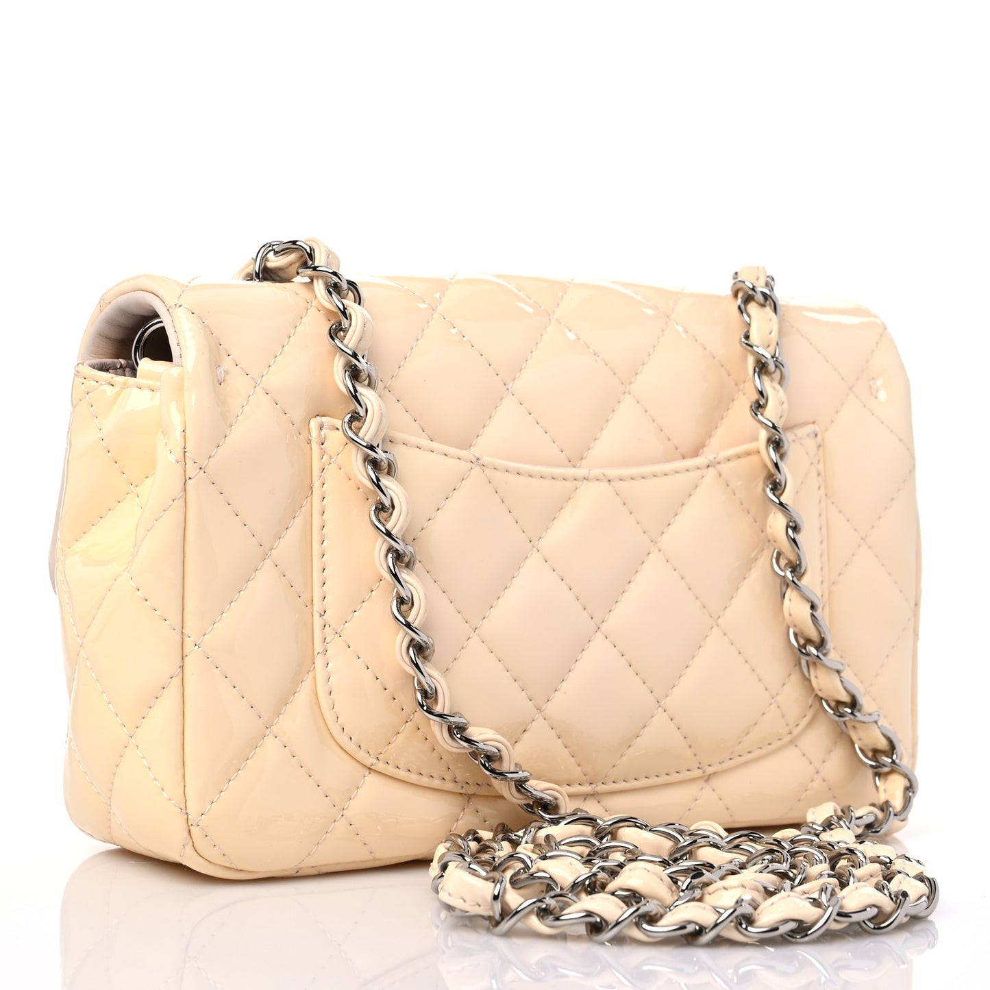 Patent Calfskin Quilted Mini Rectangular Flap Beige