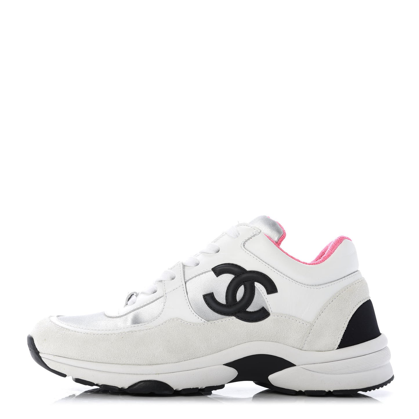 Calfskin Fabric Sneakers 37 White Silver Fluo Pink
