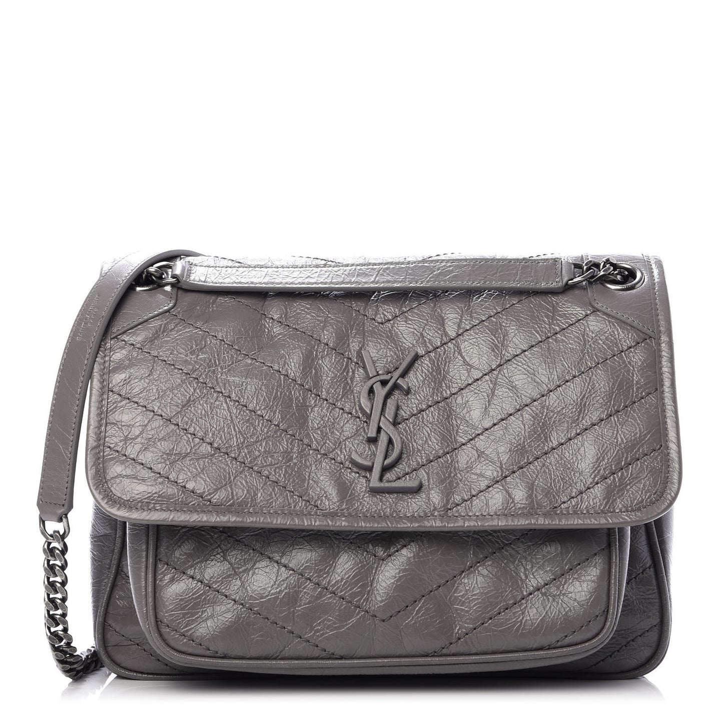 Crinkled Calfskin Matelasse Monogram Medium Niki Chain Satchel Fog