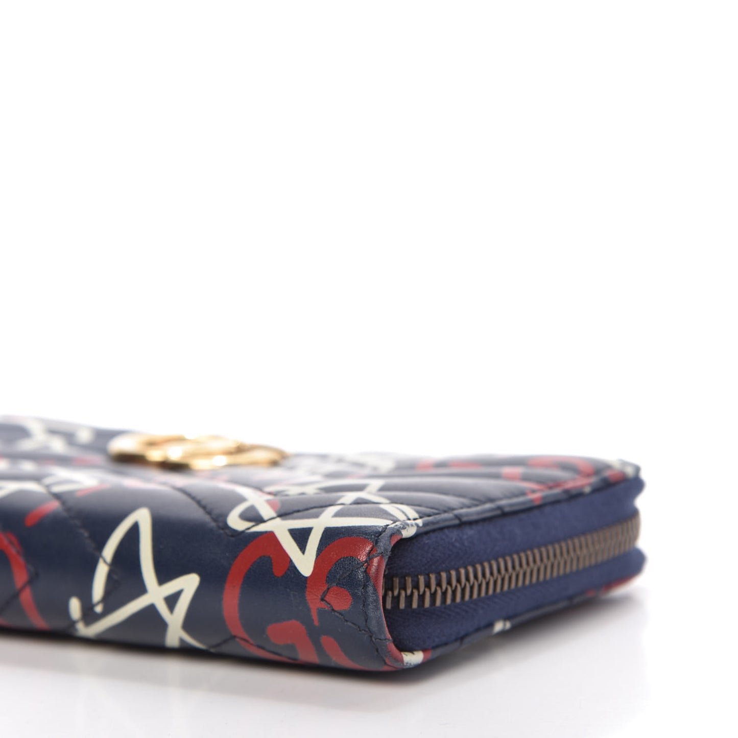 Calfskin Matelasse GucciGhost GG Marmont Zip Around Wallet Blue Agata Hibiscus Red