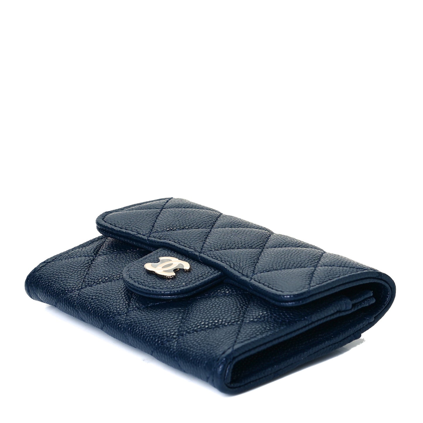 Caviar Quilted Flap Card Holder Wallet Navy Blue