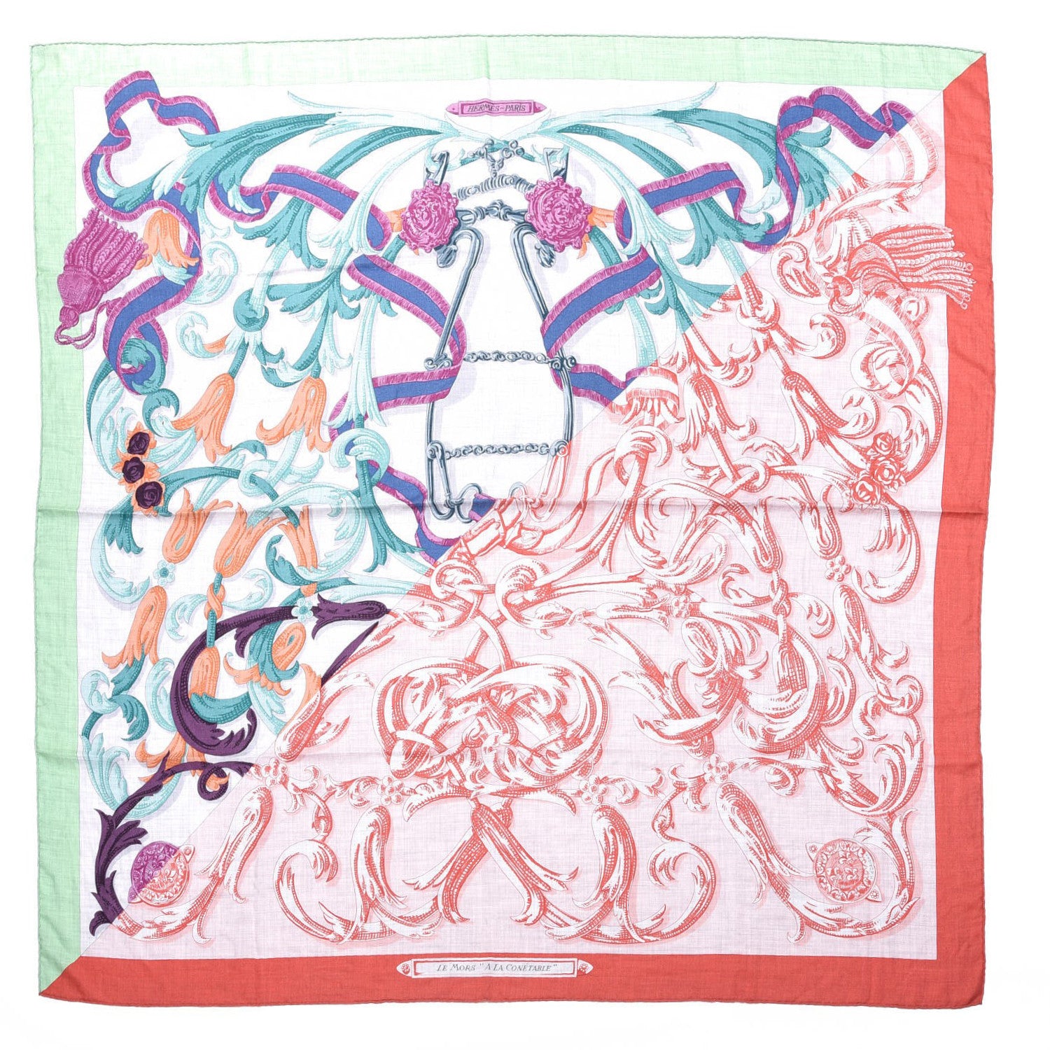 Hermes Cashmere Silk Le Mors a La Conetable Shawl 140 Vert d'Eau Saumon Gris Chine 1 of 5