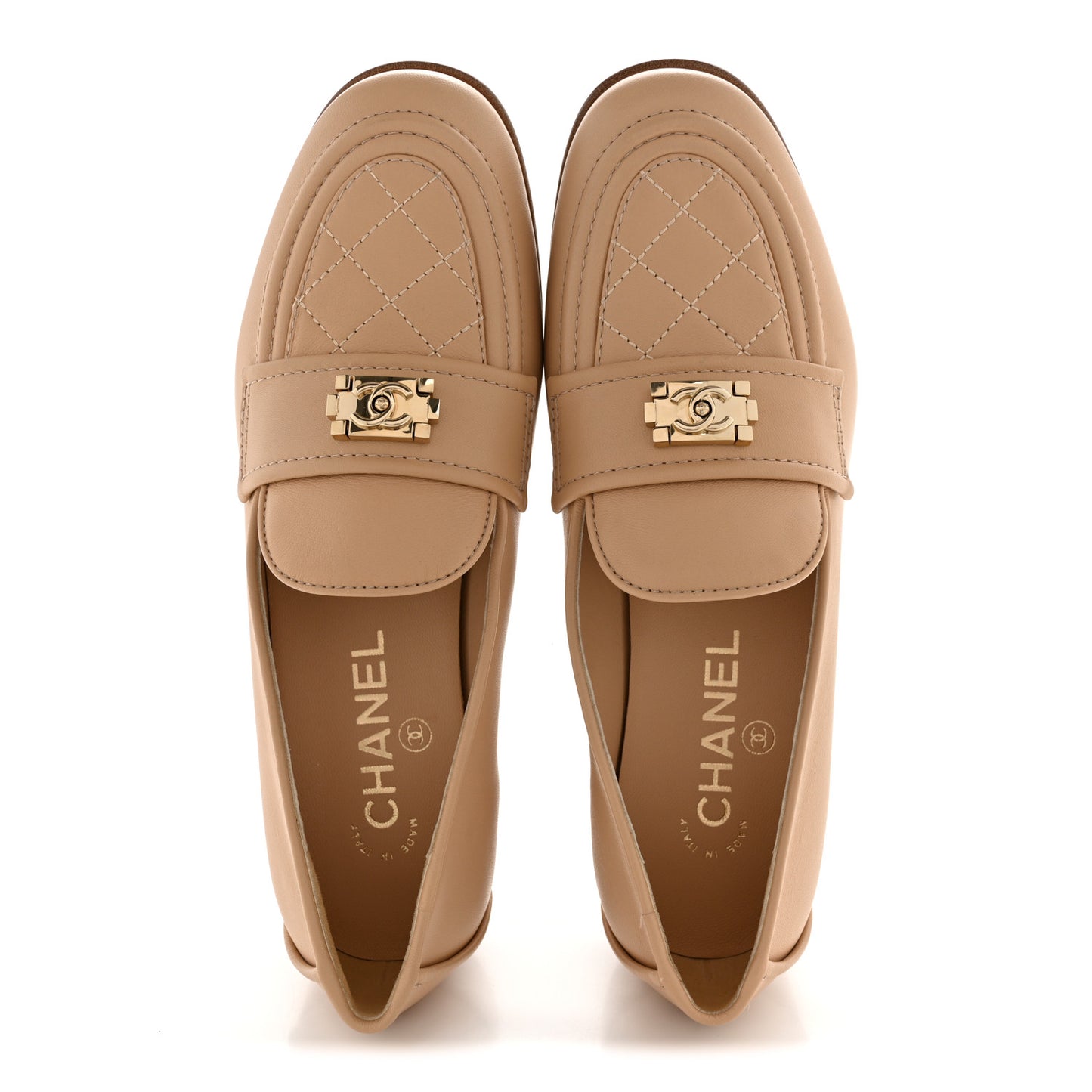 Lambskin Quilted Womens CC Loafers 37 Dark Beige
