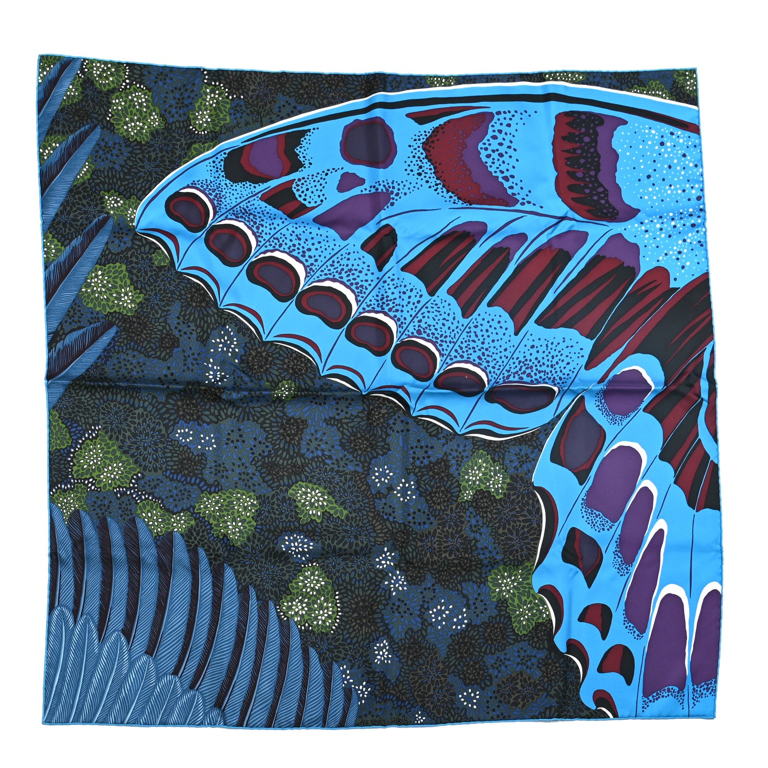Hermes Silk L'Esprit de la Foret Scarf 90 Bleu Prune Vert 1 of 6