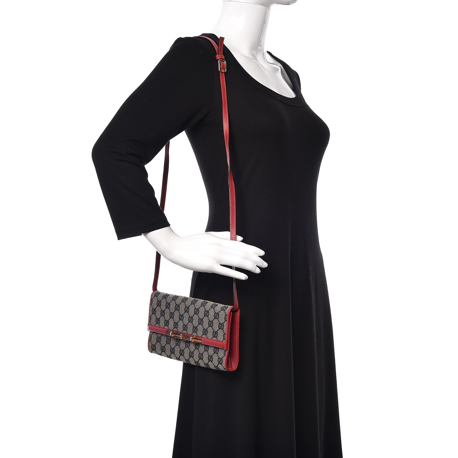 Gucci Monogram Bamboo Bar Clutch Navy Red 2 of 12