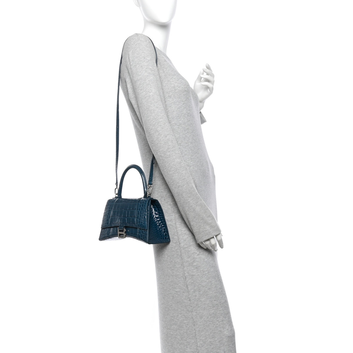 Balenciaga Shiny Calfskin Crocodile Embossed Small Hourglass Top Handle Bag Dark Petrol Blue 2 of 11