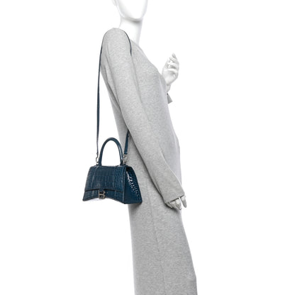 Balenciaga Shiny Calfskin Crocodile Embossed Small Hourglass Top Handle Bag Dark Petrol Blue 2 of 11