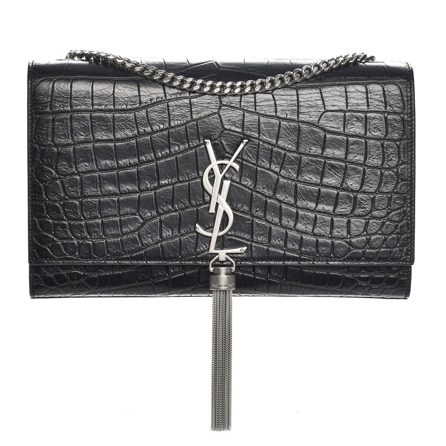 Calfskin Crocodile Embossed Medium Classic Monogram Kate Tassel Satchel Black