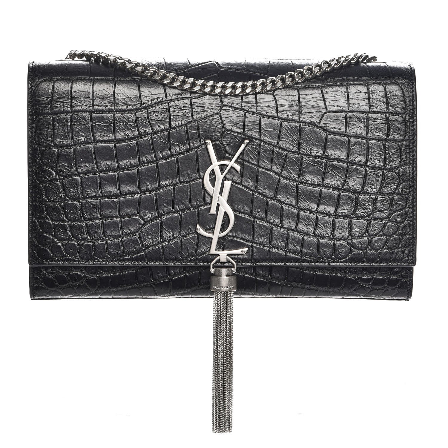 Saint Laurent Calfskin Crocodile Embossed Medium Classic Monogram Kate Tassel Satchel Black 1 of 6