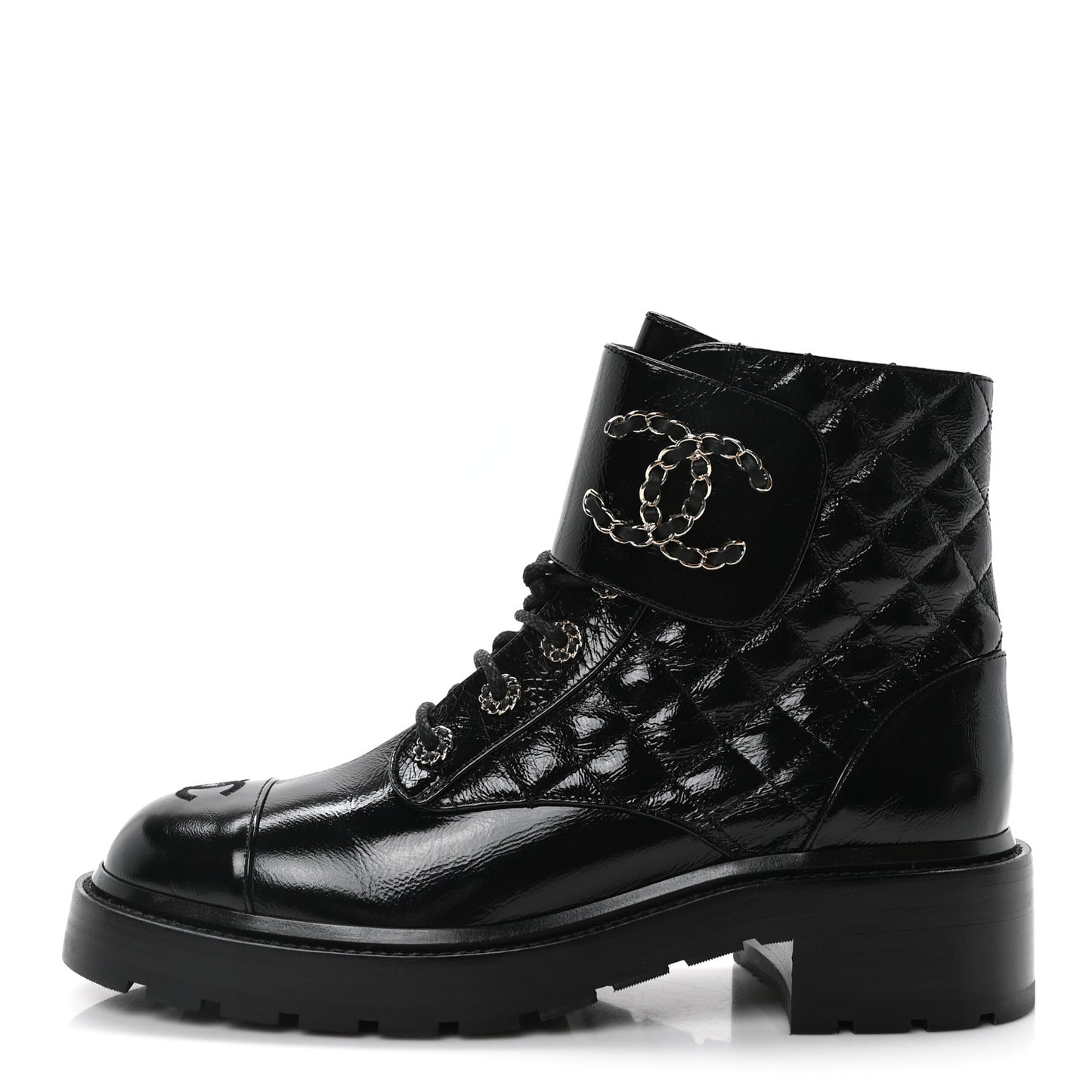 Shiny Calfskin Quilted Lace Up Combat Boots 40.5 Black