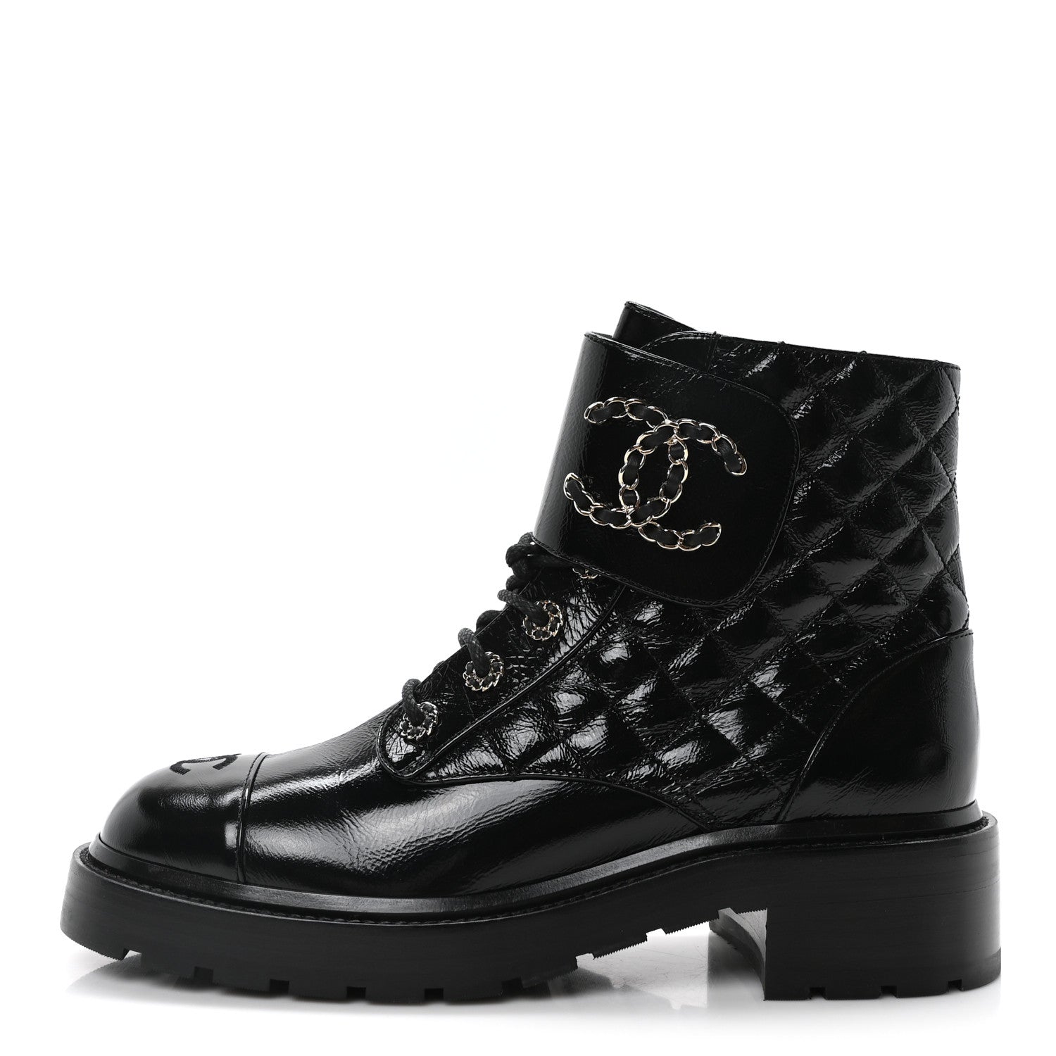 Chanel Shiny Calfskin Quilted Lace Up Combat Boots 40.5 Black 1 of 8