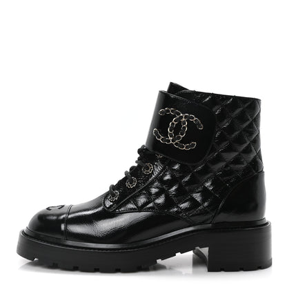 Chanel Shiny Calfskin Quilted Lace Up Combat Boots 40.5 Black 1 of 8